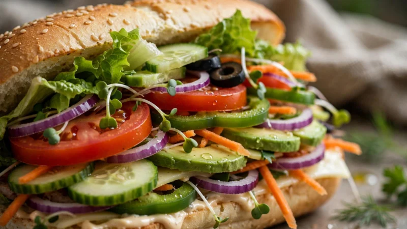 Belegtes Sub-Sandwich mit frischem Gemüse in Nahaufnahme