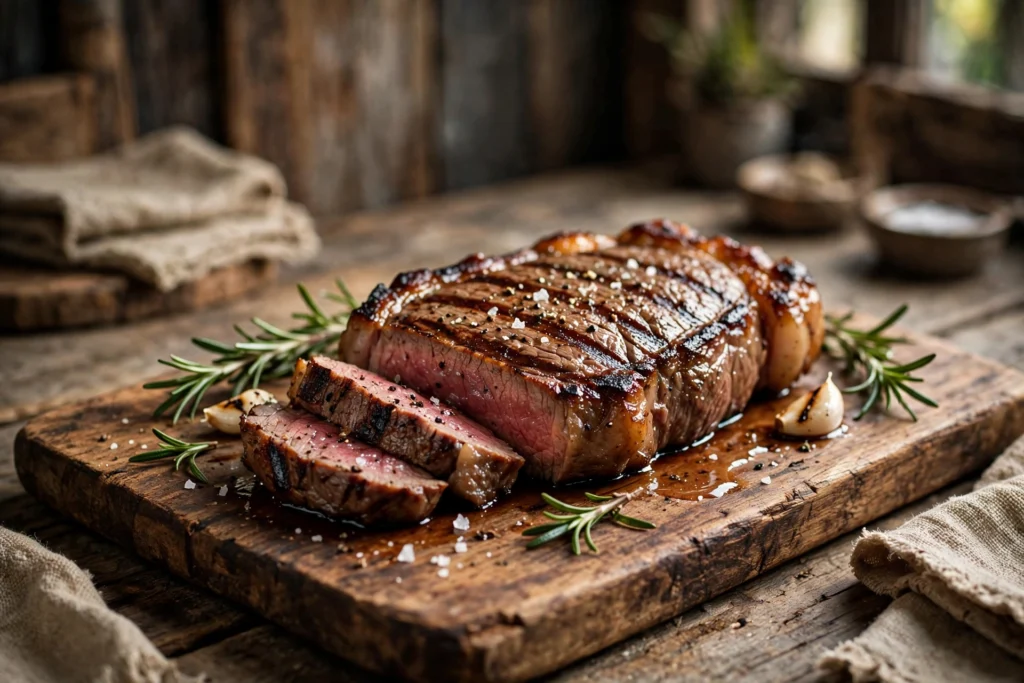 Saftiges gegrilltes Steak mit Rosmarin auf Holzbrett im rustikalen Restaurant