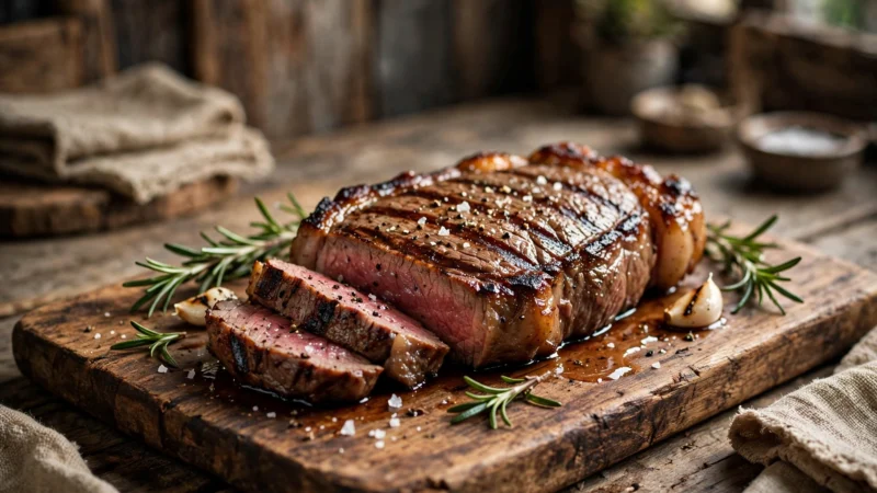 Saftiges gegrilltes Steak mit Rosmarin auf Holzbrett im rustikalen Restaurant